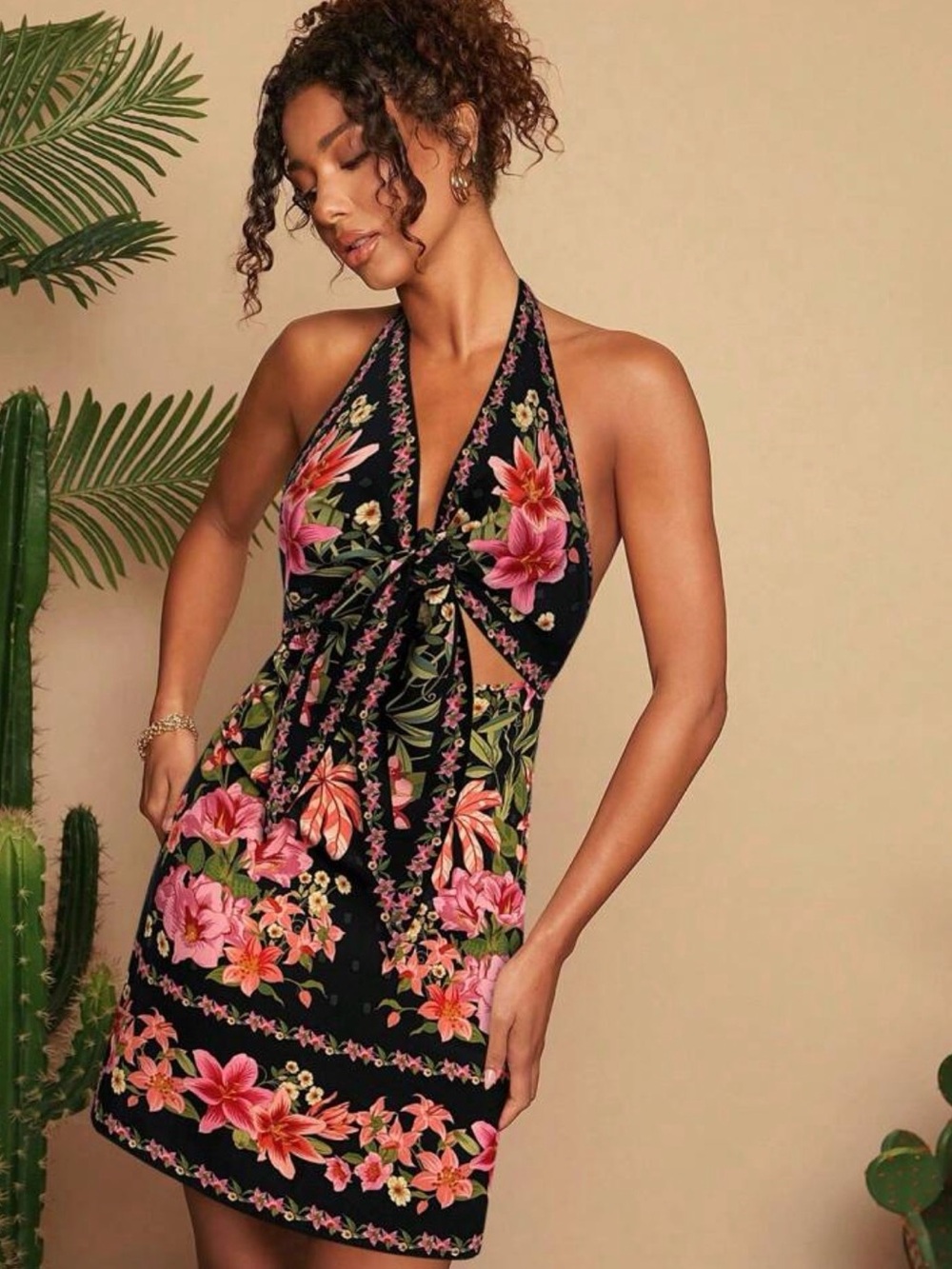 Floral Halter Tie-Front Swim Cover-Up Dress in Black and Pink